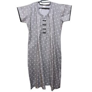 Rose Petals XXL Gray Geometric Print Cotton Nightgown House Dress with Pockets